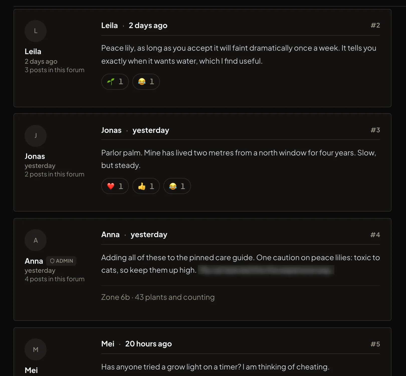 A forum thread with replies and emoji reactions